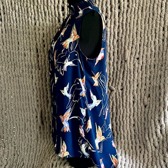 Navy Hummingbird Print Sleeveless Blouse Size M - Picture 9 of 11